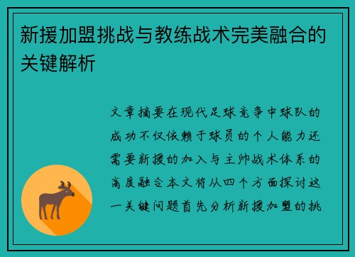 新援加盟挑战与教练战术完美融合的关键解析